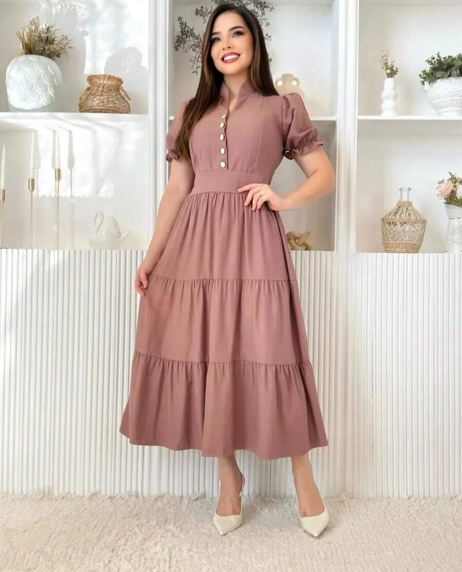 Elegant Women's Dress, Simple Fabric, Button-Down Dress, Wedding, Birthday Party, Summer, Sensual Fabric - 乾枯玫瑰色 - 查看 1