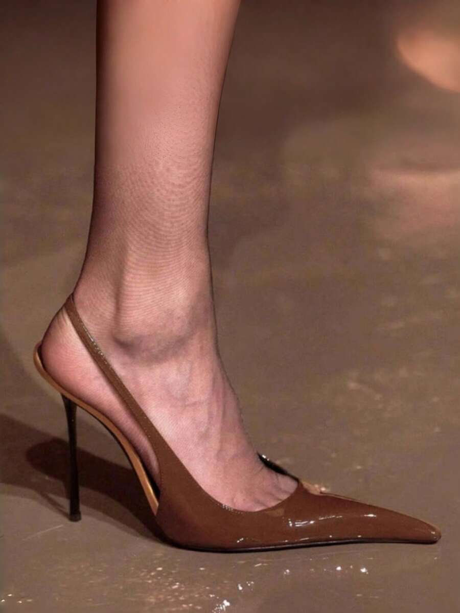 26 Spring Sexy Patent Leather Closed Toe High Heel Sandals, Super High Heel Pointed Toe Party Pumps For Women - Brown - View 1