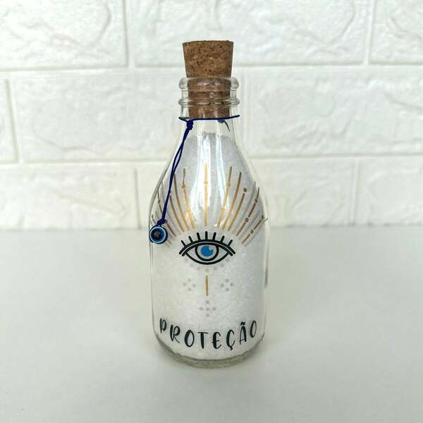 Garrafa Decorativa de Vidro Amuleto Olho Grego Raios de Luz Sal Grosso 200ml
