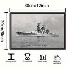 Placa de Metal Navio de Guerra Alemão Almirante Conde Spee - 20,32x30,48 cm, Design de Navio Blindado Curvo, Arte de Parede Metálica para Decoração Residencial e de Escritório, Disponível em Branco/Verde/Amarelo/Preto - Multicolorido - Visão 3