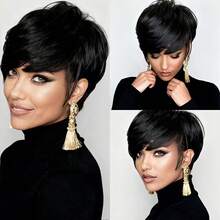 女士精灵短假发，真人发丝，黑色短假发，带刘海，真人发丝，无胶无蕾丝前额，全机织分层假发，日常佩戴，即戴即走。 - Natural Black - 查看 3