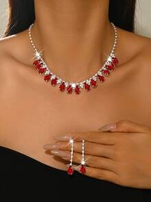 Elegant Women's Jewelry Set, Teardrop Necklace + Earrings, Copper Material Inlaid With Rhinestones, Suitable For Weddings, Banquets, Balls, Parties, And Valentine's Day Gifts - 1798 Blue Suit - View 1