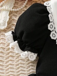 少女时尚休闲可爱彼得潘领荷叶边连衣裙 - 黑色 - 查看 4