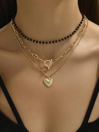 1 pieza Collar de corazón de 3 capas de cristal negro y dorado dulce y fresco, adecuado para el uso diario de las mujeres