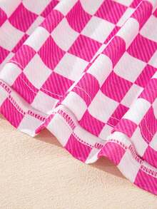Acelitt Conjunto de 2 piezas de camiseta y falda de cintura alta de punto con estampado de tablero de ajedrez en estilo retro Y2K para mujer, adecuado para uso casual y en casa - Rosa Fucsia - Ver 7