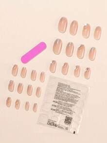 24片椭圆形美甲贴片，裸色底，饰有全息闪粉水钻，甜美风格美甲套装，适合女孩/女士约会、送礼、情人节、日常佩戴，包含1片果冻胶和1个指甲锉。 - 杏色 - 查看 3