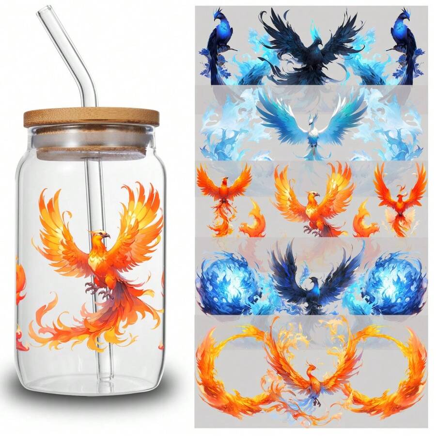 5 Sheets Phoenix Flame UV DTF Stickers for 16 oz Tumbler UV DTF Stickers DIY Water Bottle Glass Suitable for 16 oz Glass UV DTF Transfer Stickers for Glass Cups