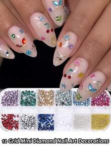 12件迷你钻石美甲装饰品，彩色爱心、蝴蝶、星星、花朵造型，闪亮水钻设计，可爱Y2K风格美甲配件，美甲沙龙用品，DIY美甲装饰 - 彩色 - 查看 2