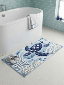 1pc Sea Turtle Pattern Anti-Slip Bath Mat - Faux Sherpa Material, Blue & White Ocean Design, Machine Washable, Suitable For Bathroom, Kitchen And Holiday Decor, Ideal Gift, Bathroom Rug - Multicolor - View 3