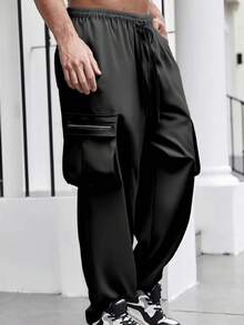 Pantalones de trabajo para hombre de otoño e invierno, estilo americano de calle, múltiples bolsillos, tallas grandes, corte , amplios y holgados - Negro - Ver 3