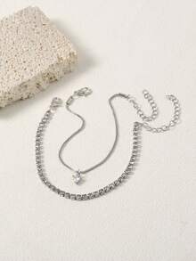 Tkool 2pcs/Set Women's Fashion Bracelet Set, Featuring Cubic Zirconia Claw Chain And Venetian Copper Chain With Heart-Shaped Zirconia Pendant Bracelet, Suitable For Daily Wear - Silver - View 4