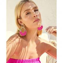 Raffia Hoop Earrings For Women Fun Boho Summer Beach Earrings Lightweight Handmade Straw Wicker Rattan Dangle Earrings Statement Geometric Round Drop Earrings - HotPink-teardrop - View 3