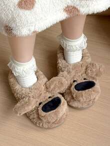 Soft Plush Puppy Slippers, Suitable For Indoor/Outdoor Wear, Unisex Winter Bedroom Slip-On Fluffy Closed Toe Flat Slippers - Brown - View 5