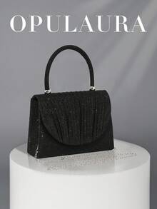 1pc Moonlit Eve Bag - Black Shiny Metallic Lurex Flap Clutch Handbag, Glittering Evening Bag For Party, Wedding, Prom, Bridal - Black - View 2