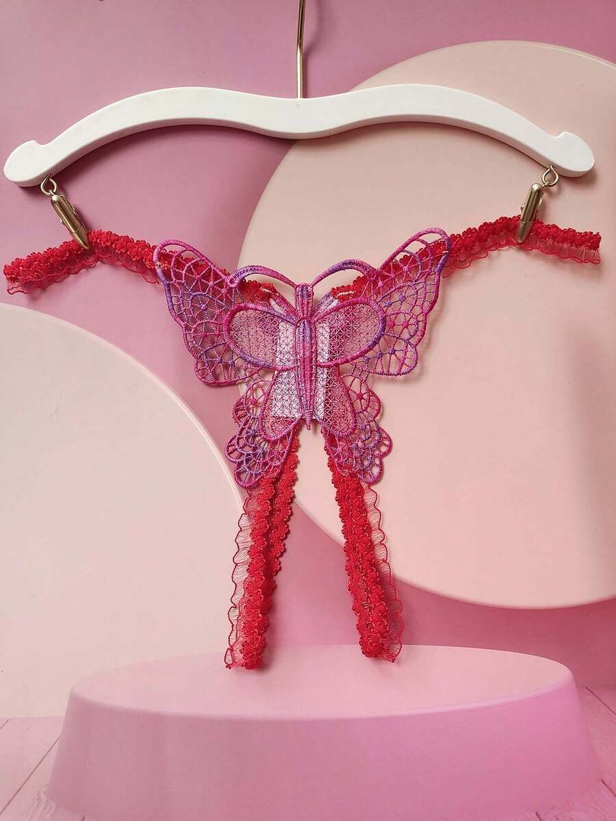 Quần lót dây mảnh ren xuyên thấu dành cho nữ - Quần lót V-string với họa tiết bướm - Hồng - Xem 1