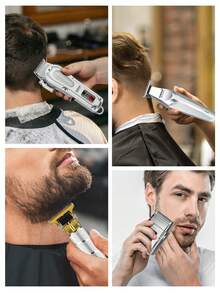 男士电动理发器套装（4件套/2件套/1件套），USB充电式理容套装，包含理发器、电动剃须刀、雕刻剪刀，多功能男士理发及胡须护理套装，多种配件，礼盒包装，理想的节日礼物 - 銀色 - 查看 6