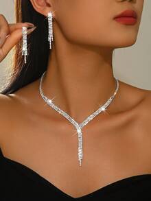 Bộ trang sức pha lê lấp lánh gồm 1 bộ, dây chuyền tua rua dài hình chữ Y và bông tai dáng dài, phụ kiện pha lê sáng bóng phù hợp cho tiệc cưới, lễ hội, quà tặng Ngày Valentine/Lễ Tạ ơn. - Nhiều màu - Xem 2