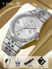 TOMI 男士石英表，配有表冠胸针戒指、不锈钢表带、蜂窝状表盘和日历功能，适合日常生活、商务场合、父亲节、情人节、圣诞节等场合，礼品套装