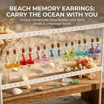 1对女士时尚吊坠耳环，7种颜色可选，透明小瓶可打开写字，内含随机贝壳、随机宝石、白色镀K耳钩，低过敏性，不易褪色，优雅性感波西米亚风格，适合作为礼物、派对、婚礼、生日、情人节、圣诞节、母亲节、护士节、教师节/返校/毕业礼物。