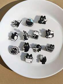 13pcs Black & White Cat Series DIY Fashion Hole Punch Sandal Accessories, Cute Cartoon Series Shoe Decorations Suitable For Clogs, Sandals, Shoe Decor Accessories, Great For Birthday Gifts And Party Favors - Black and White - View 6