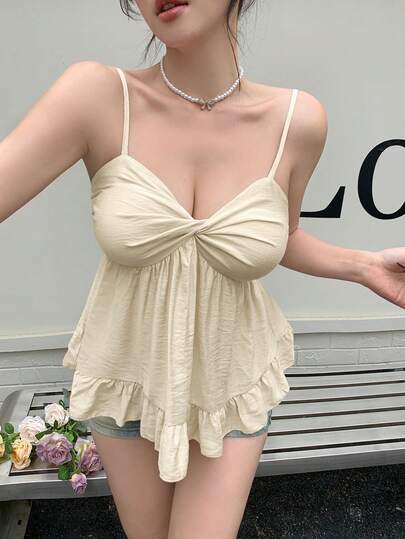 Apricot Sexy Front Twist Spaghetti Strap Ruffle Backless Loose Sweet Camisole, Made Of Textured Fabric, Casual, Office, Beach Vacation Wear, Young Fashion Spring/Summer New