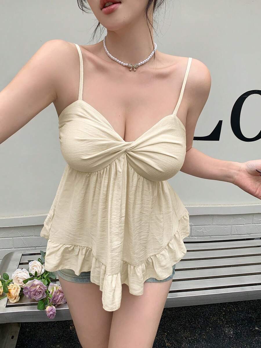 Apricot Sexy Front Twist Spaghetti Strap Ruffle Backless Loose Sweet Camisole, Made Of Textured Fabric, Casual, Office, Beach Vacation Wear, Young Fashion Spring/Summer New - Light Apricot - View 1