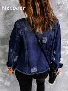 Necooer Women's Denim Jacket Old Style Washable Button Up Boyfriend Denim Jacket With Pocket Jacket Jacket [Four Season Version] - 深藍色 - 查看 2
