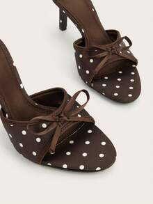Casual Rhinestone Flower Party Banquet Sexy Coffee Faux Silk Round Toe Open Toe Polka Dot Bow Stiletto High Heel Sandals - Coffee Brown - View 5