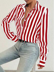 Contrast Color Block Striped Button Front Women Shirt, Loose Striped Blouse For Women Slimming Vintage Niche Versatile Top, Suitable For Daily Life And Valentine's Day - Đỏ - Xem 7