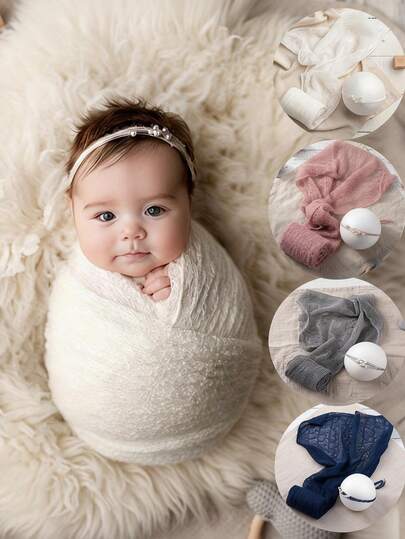 2件套新生儿摄影道具，包括婴儿纯色弹力包巾、白色可爱珍珠发带，适用于影棚拍摄