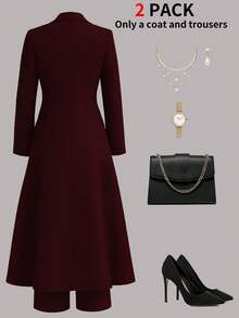 Women's Elegant Commuter 2 Pieces Set, Burgundy Long Waist-Cinched Vintage British Double-Breasted Coat Paired With Simple Casual Straight-Leg Pants, Spring - Burgundy 18 - View 5