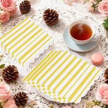 New 40Pcs Yellow Striped Pastel Napkins, 6.5 X6. 5 Inch Scalloped Ice Cream Party Napkin Disposable Paper Cocktail Beverage Napkins For Pastel Party W Shower Birthday Dr Dinner Dr - Yellow 40 - View 4