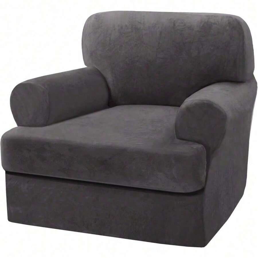 Trugenix-Sofa Cover 2 Piece T Cushion Armchair Slipcovers Velvet Couch Cover Furniture Protector Stretch T Cushion Sofa Covers For 1 Cushion Couch With 1 Individual T Cushion Covers, Deep Teal-GP - Neutral Gray - 查看 1
