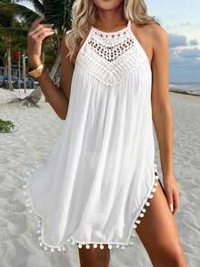 ChicMe 女士钩针编织露背系带短裙，侧开衩镂空露背毛球装饰半透明沙滩罩衫，适合度假休闲穿着 - 白色 - 查看 1