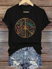 Women 60s70s Retro Hippie Style T-Shirt Peace Love 60s70s Print Short Sleeve Round Neck Top Loose Fit Casual Vintage Tee For Summer Parties Music Festivals Casual Attire Machine Washable - 黑色 - 查看 7