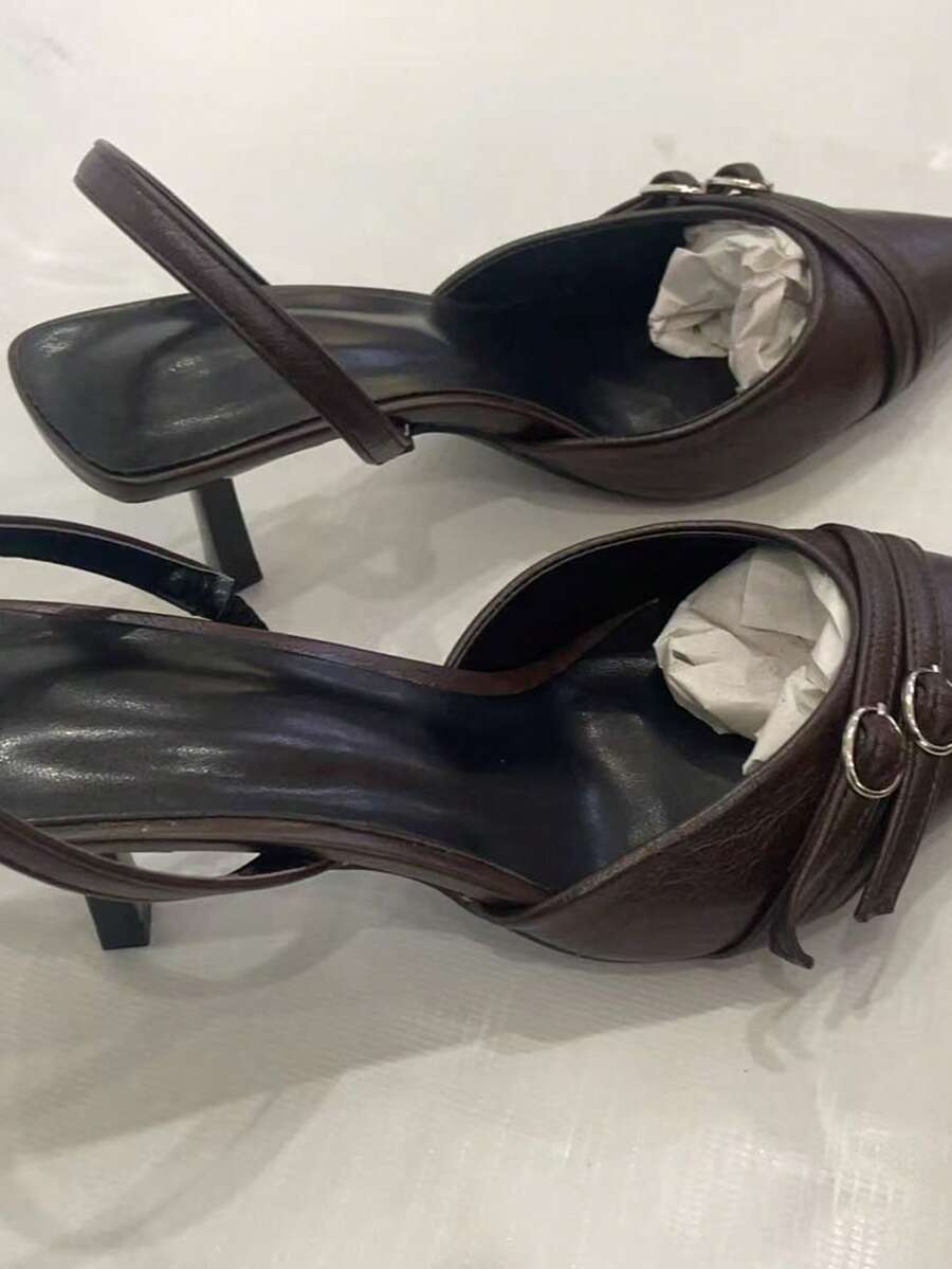 女士时尚百搭尖头搭扣高跟鞋 - 酒紅色 - 查看 1