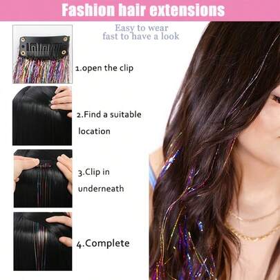 1件装BB金色金属丝夹式假发 | 一体式彩色激光纤维假发片，时尚吸睛，适合所有女性，适合日常佩戴、特殊场合和派对，有两个固定点