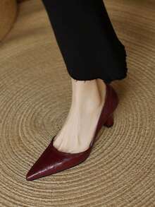 2025新款法式紫色尖头中跟鞋，适合通勤和工作，春秋季穿着 - 酒紅色 - 查看 3