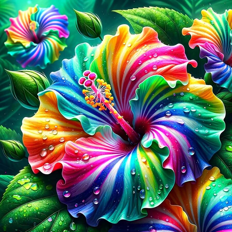 5D方形钻石画套装，彩色芙蓉花，适合初学者，手工DIY钻石画宝石艺术家居墙面装饰礼品 - 彩色 - 查看 1