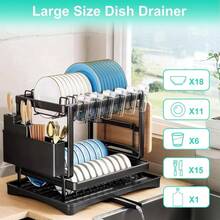 2026 Extra Large Dish Drying RackCutlery Holder & Auto-Draining System - Heavy-Duty Dish Drainer, Space-Saving Dish Rack With 360° Rotating Spout & Non-Slip Feet, Fits Over Sink Or Cabinet, Holds 10 Plates, 6 Bowls, 6  Spoons/Forks - 黑色 - 查看 6