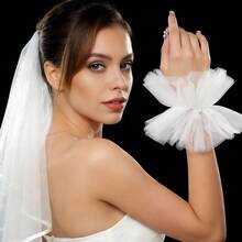 2-Layer Simple Bridal Veil With Satin Ribbon, Mesh Veil, Pearl Sleeve Cuff, Beaded Decor, Lightweight Sheer Arm Sleeve For Wedding Dress - Multicolor - View 1