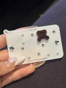 Cute 3D Bear Bling Rhinestone Pearl Protective Film Scratch Resistant Transparent Base Lens Camera Protector Compatible With IPhone 17ProMax 17Pro Camera Accessories Durable Protective Layer Camera Lens Cover - Dark Brown - View 4