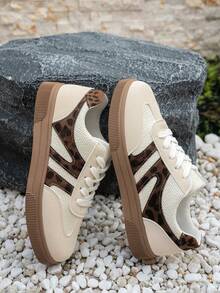 女士金色亮片拼接皮革圆头系带厚底低帮多功能时尚休闲运动鞋，橡胶鞋底防水防滑耐磨轻便平底鞋，春秋新款百搭日常休闲鞋 - 米色 - 查看 5