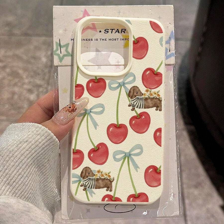 1pc TPU Material Cute Cherry Dog Pattern Phone Case Compatible With IPhone 17 Pro Max/17/16 Pro Max/15/13/12/11, S20 FE/A15/S24/A55, Redmi Note 11/Note 12/Note 13 Pro, Full Coverage Anti-Drop Soft Protective Phone Cover - White - View 1