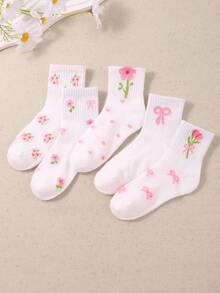 5 Pairs White Children's Socks With Bow, Polka Dot And 3D Print, White Lolita Lace Elastic Mid-Calf Socks, Suitable For Girls' Daily Wear/Matching, Fit For Children Aged 1-16, Breathable, Comfortable, Soft - Multicolor - View 2