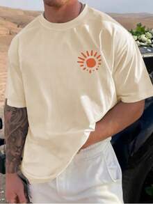 男士休闲度假风印花短袖T恤，舒适透气，夏季必备 - 杏色 - 查看 2