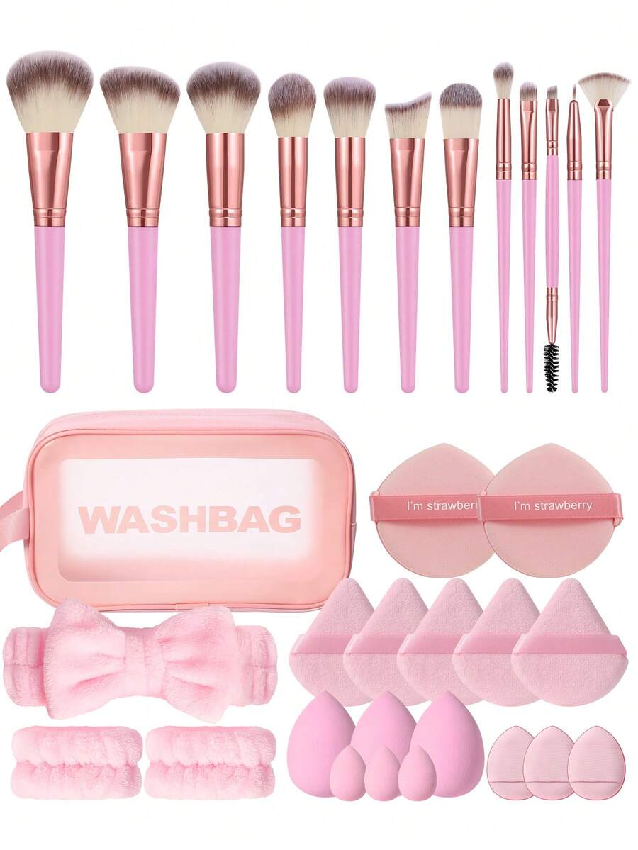 32PCS Makeup Tools Set Including:12PCS Makeup Brush Set+1pc Multi-Functional Zipper Toiletry And Cosmetic Bag Waterproof+2PCS Circular Powder Puffs+1pc Hairband+5PCS Triangle Powder Puffs+2PCS Hand Bowl Strap+3PCS Makeup Sponges+3PCS Mini Makeup Sponges+3PCS Mini Air Cushion Powder Puffs - Multicolor - View 1