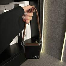 Korean Wool Flower Moon Pit Pattern Brown Phone Case With Anti-Loss Protable Strap Compatible With Samsung Galaxy ZFlip7 Z Flip6 ZFlip 5 Zflip6 Zflip5 Shockproof Back Cover - Brown - View 4