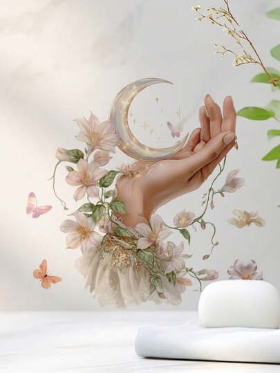 1 件月亮花卉墙贴，可移除卧室客厅节日装饰