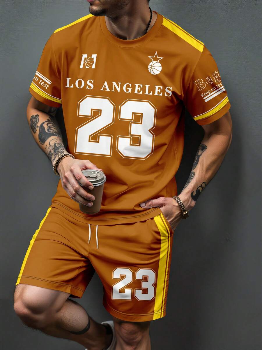 Bộ áo thun ngắn tay và quần short in số 23 dành cho nam, thời trang cho mùa hè. - Màu nâu  Mocha - Xem 1